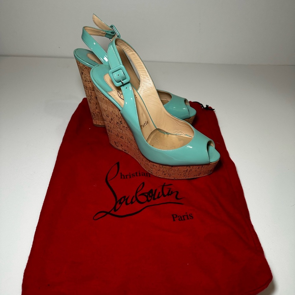 Christian Louboutin Green Patent Leather Une Plume Cork Wedge Sandals Size 38